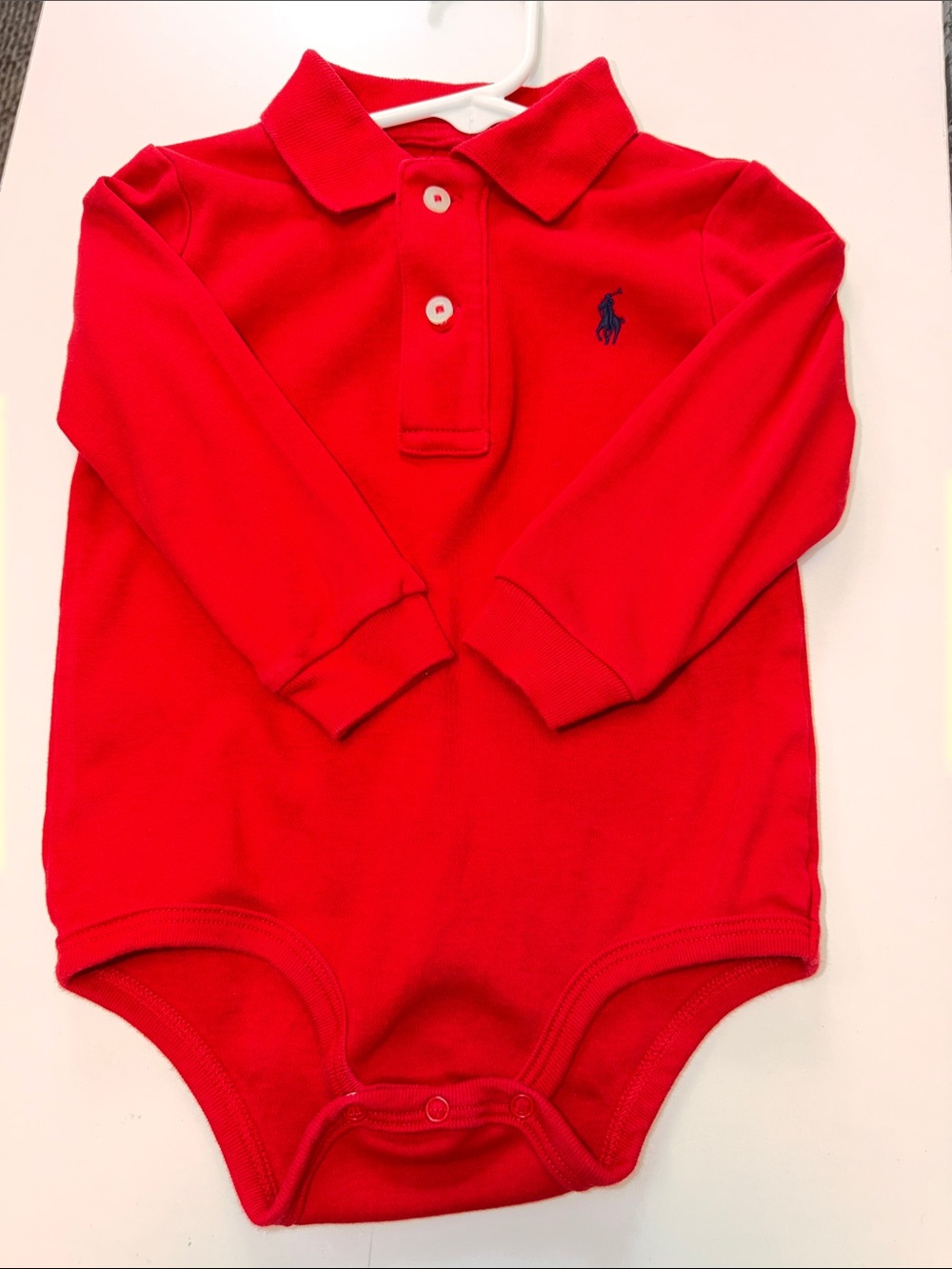 Polo by Ralph Lauren Red Long-Sleeve Polo Onesie with Navy Logo